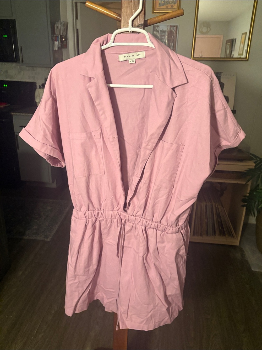 The Great. Pink Short-Sleeve Romper with Drawstring Waist